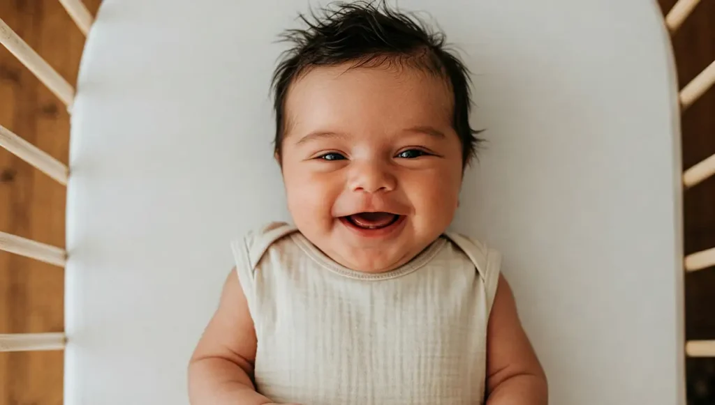 Bebe sonriendo en la cuna